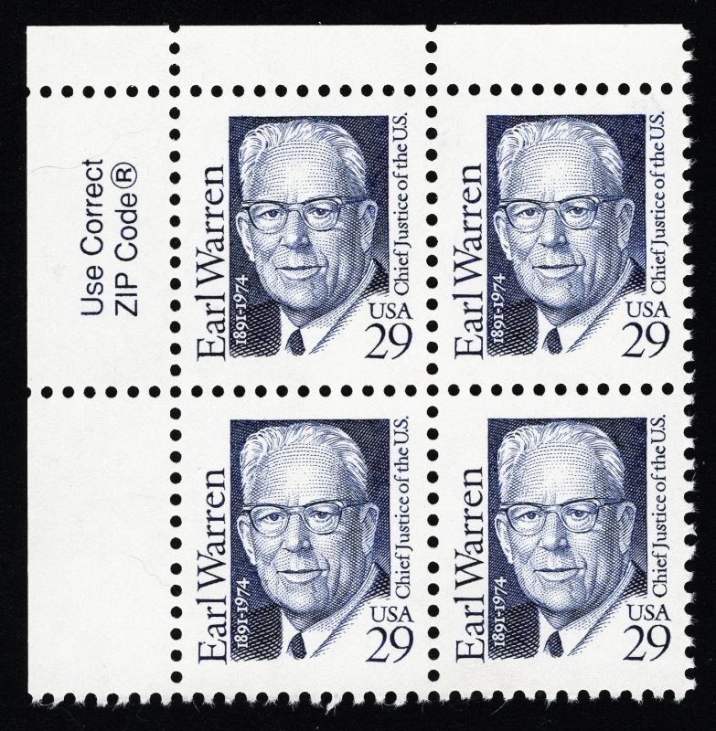 US 2184 MNH VF 29 Cent Earl Warren 14th Chief Justice of the U.S Zip Block of 4