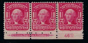 *319Fi, PLATE # STRIP OF 3, VERY FINE, NEVER HINGED, CERTIFICATE. SCOTT $500