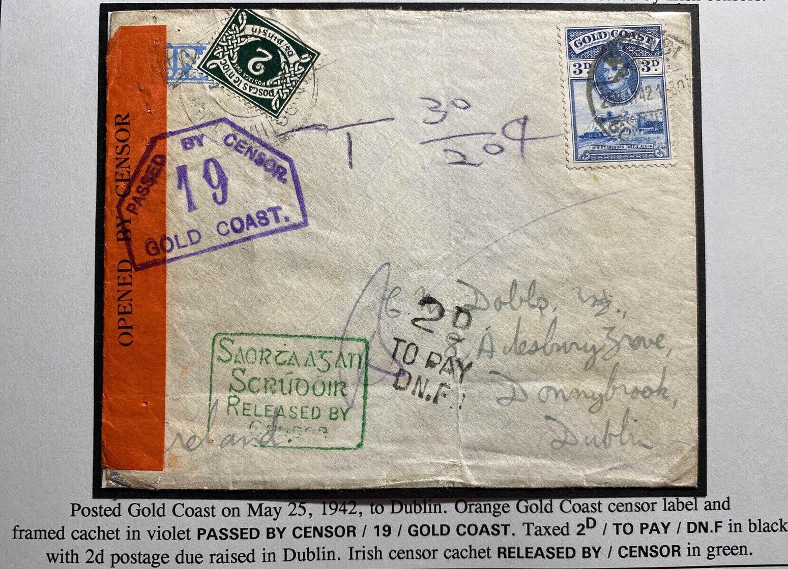 1942 Gold Coast Airmail Censored Cover To Dublin Ireland Postage Due