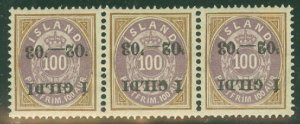 ICELAND #68a 100aur INVERTED I GILDI Ovpt Strip of 3, og, NH,  Facit $1,380+