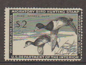 RW21 Hunting Permit Stamp 1954-55 Ringed Neck Ducks Used Signed