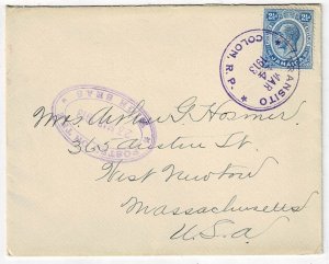 Jamaica 1913 Transito Colon, R.P. (Panama) cancel in purple on cover to the U.S.