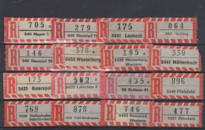 Germany - Lot of 16 Red Registered Mail Labels - Koblenz & Various Small Towns