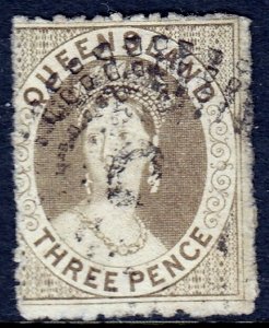 QUEENSLAND — SCOTT 15 (SG 25) — 1862 3d QV BROWN UNWMK. — USED — SCV $62