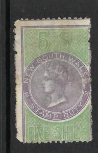 NEW SOUTH WALES 1868-01  5/-   QV   FISCAL  STAMP DUTY  MLH   P12x10    