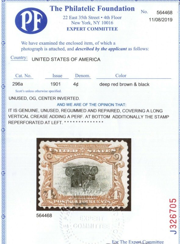 USA #296a Mint Fine - Very Fine Center Inverted **With Certificate**