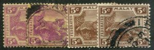 Malaya Federated States SC# 59 Tiger 5c wmk 4 Used Four Shades