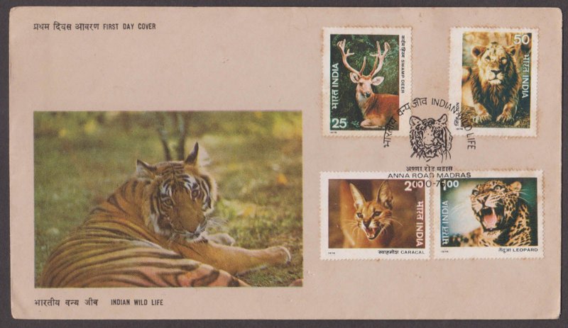 INDIA - 1976 INDIAN WILDLIFE / WILD ANIMALS - 4V - FDC MADRAS CANCL.