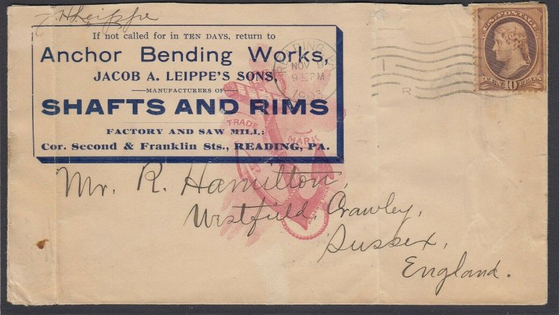 US, 1903 10c Banknote Auf Anker Biegen Werke Werbung Abdeckung Von Reading Pa