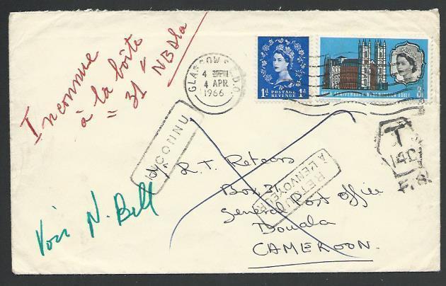 GB TO CAMEROON 1966 cover to Douala taxed, Unknown etc.....................58109