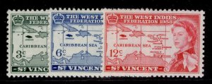 ST. VINCENT QEII SG201-203, 1958 Caribbean set, NH MINT.