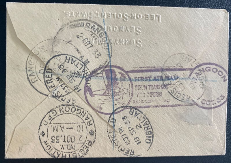 1933 Gibraltar First Flight Airmail Cover  FFC To Rangoon Burma