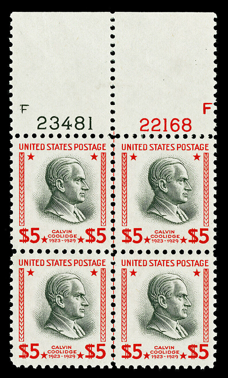 Scott 834 1938 $5.00 Coolidge Mint Plate Block of Four VF OG NH Cat ...