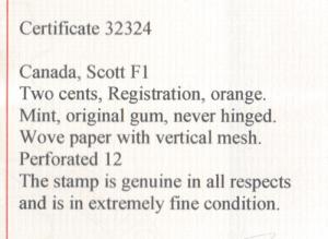 Canada #F1 Extra Fine Never Hinged Gem **With Certificate**