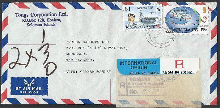 SOLOMON IS 1997 Registered airmail cover Honiara to New Zealand............13254