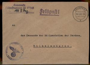 3rd Reich Germany 1942 Kriegsmarine Navy Ship Destroyer Z28 Feldpost Cover 87810