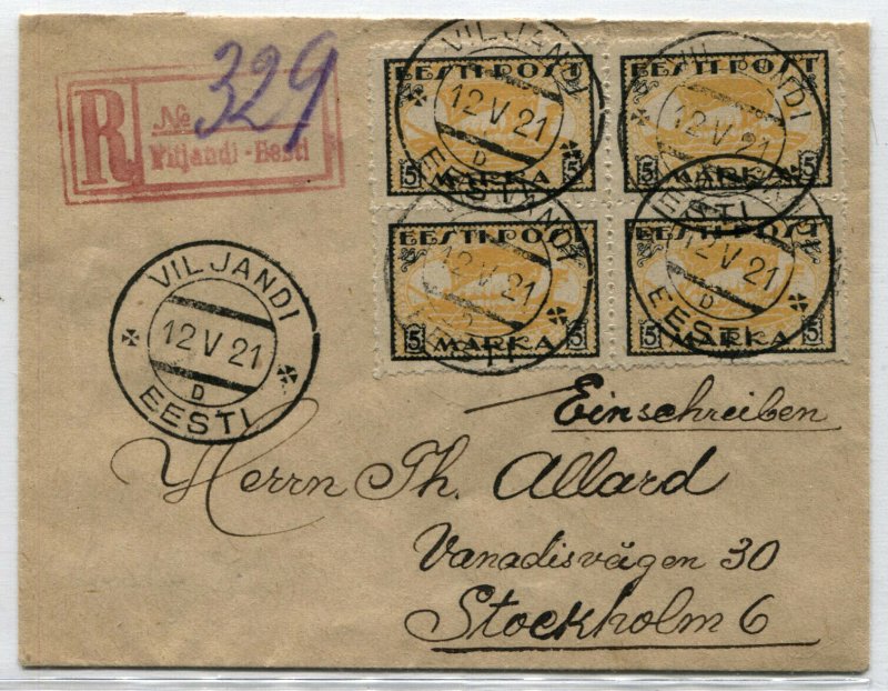 ESTONIA to SWEDEN Eesti Post #35 Stamps Postage Block on Cover Registered  1921