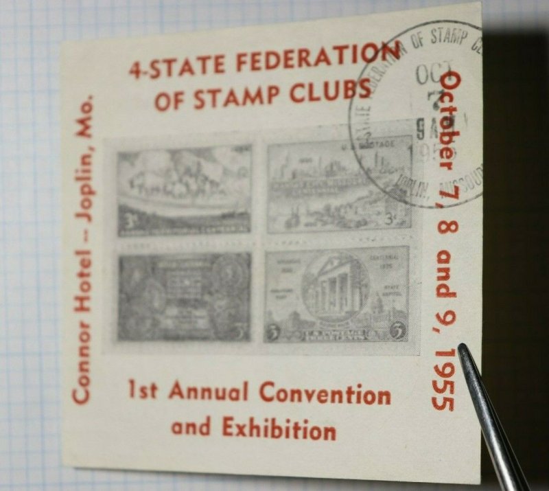 4 State Federation Of Stamp Club Show 1955 Joplin MO Philatelic Souvenir Label