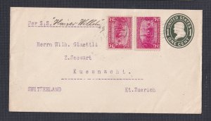 USA 1909 2x2c JAMESTOWN ISSUES ON UPRATED 1c PS COVER NEW YORK TO SWITZERLAND