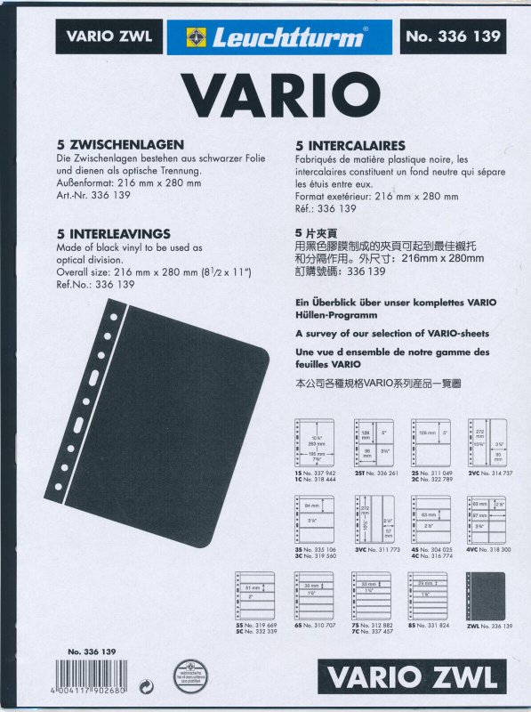 25 LIGHTHOUSE VARIO BLACK INTERLEAVING STOCK SHEETS - 5 PACKS OF 5    ZWL 336139