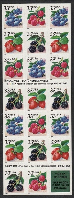 1999 Berries Sc 3297b 33c convertible pane of 18 plate number B3333