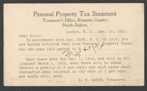 1915 PC LISBON ND TREASURERS NOTIFICATION OF PROPERTY TAXES DUE