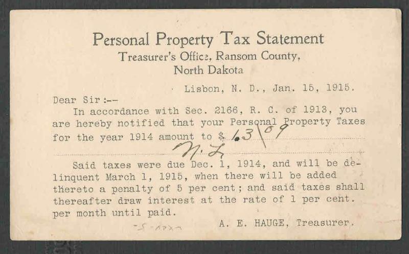 1915 PC LISBON ND TREASURERS NOTIFICATION OF PROPERTY TAXES DUE