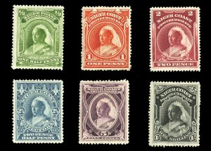 Niger Coast Protectorate #43-48 Cat$151, 1894 Victoria, 1/2p-1sh, heavy hinge...