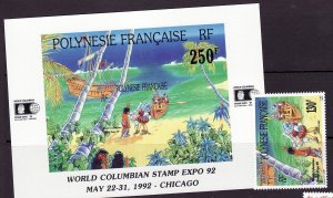 French Polynesia Sc 592-3 NH 1v+1s/s - 500 Anniv. Discovery of America -1992