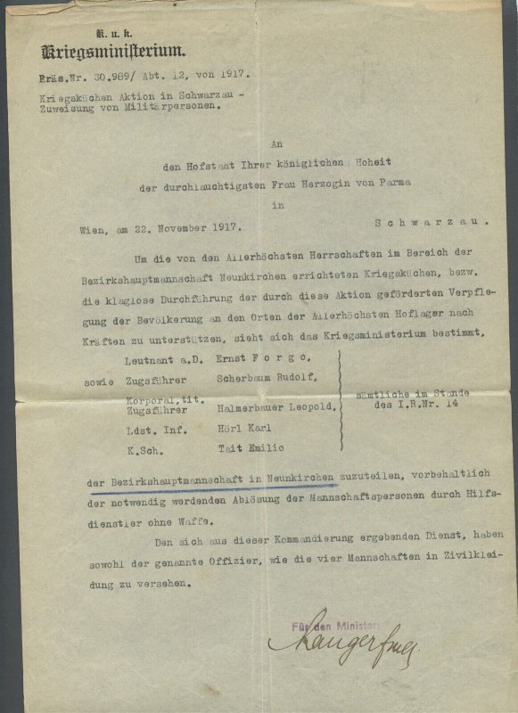 AUSTRIA WORLD WAR I CERTIFICATE NOVEMBER 22, 1917 PRINCESS VON PARMA AS SHOWN