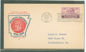 US 782 1936 3c Arkansas Centennial (single) on an addressed (typed) FDC with a variety of the cancel created by the Arkansas Cen