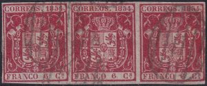 Spain 1854 Sc 26c strip of 3 used grid (parrilla) cancels