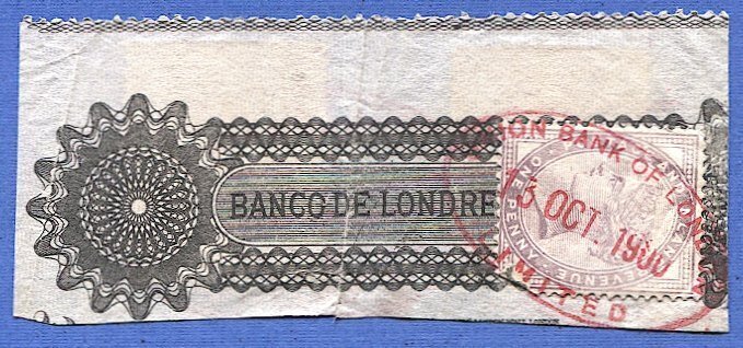 GB 1881  Sc 89 1d QV  VF Revenue use Bank Doc. Red Cancel + Mexico 2c Revenues