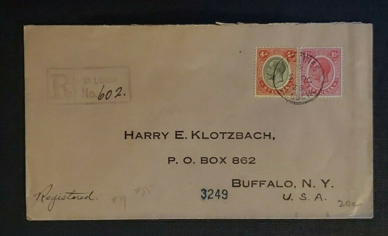 1926 Castries St Lucia Cover to Buffalo NY via New York City Registered Cover