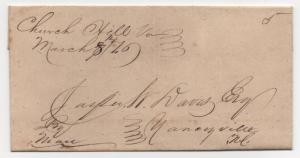 VA US Stampless Cover Church Hill March 8, 1846 DPO 7 RARE Town