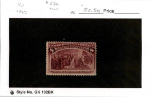 United States Postage Stamp, #236 Mint Hinged, 1893 Columbus (AB)