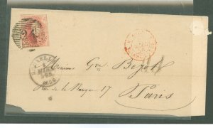 Belgium 8 Complete on folded paper envelope.  Postmarked 1856 Scott #8 with slim margins and light bar cancel.  Traveled from Br