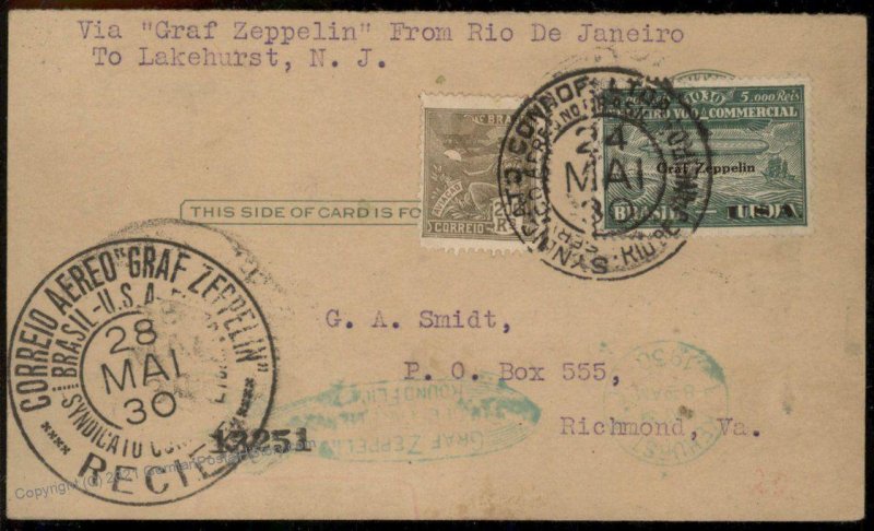 Brazil 1930 Graf Zeppelin Si59D Rio Pernambuco Lakehurst Cover Pan Americ 100833