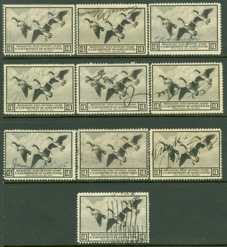 EDW1949SELL : USA 1936 Scott #RW3 Used. 10 stamps. All small faults. Retail $250