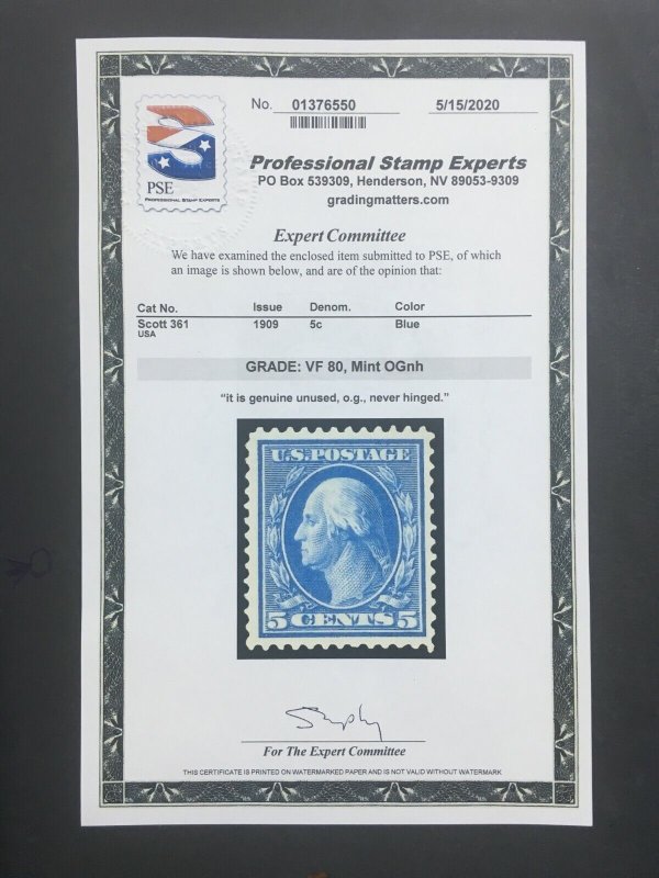 MOMEN: US STAMPS #361 BLUE PAPER MINT OG NH PSE GRADED CERT VF-80 LOT #70525