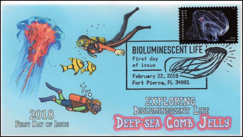 18-079, 2018, Bioluminescent Life, Pictorial Postmark, Deep-sea Comb Jelly, Firs