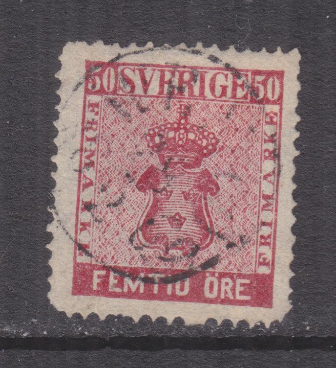 SWEDEN, 1858 50o. Carmine, used, small thin, corner perf. short.