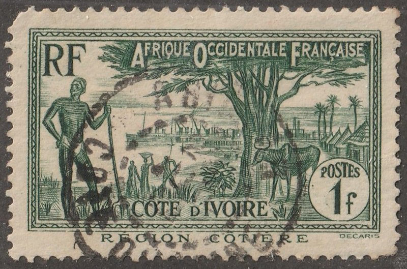 Ivory Coast, stamp, Scott#136, used, hinged,  1f, green