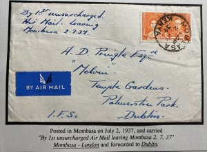 1937 Mombasa Kenya British KUT First Uncharged Airmail Cover To Dublin Ireland