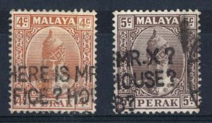 Malaya - Perak 1938 4c, 5c both with part 'Where is Mr.X?/Office? House?/Club?