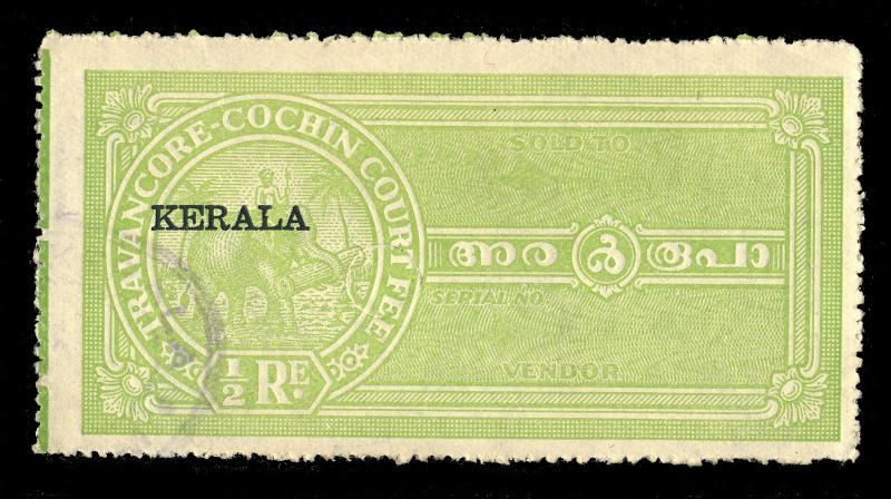 INDIA - TRAVANCORE-COCHIN Revenue Stamp +KERALA O/P R.1/2 Green x4 used examples