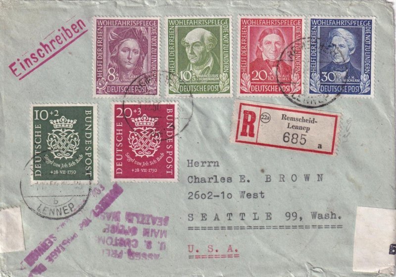 1950, Remscheid-Lennep, Germany to Seattle, WA, Censored, Sc #B310-315 (C4337)