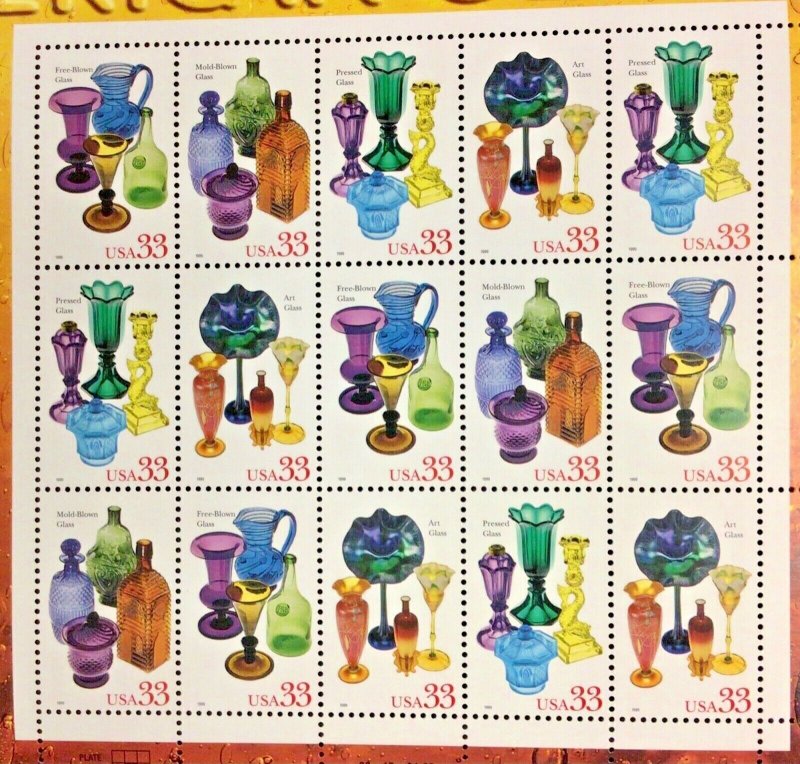 3325-3328   American Glass  MNH 33 c Sheet of 15   FV $4.95  Issued in 1999