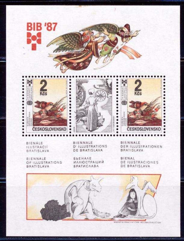 CZECHOSLOVAKIA 1987 BIRD ART CHILDREN'S ILLUSTRATIONS SCT 2668a S/S OF 2 + LABEL