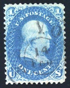 Scott #63b - VF/XF - 1c Dark Blue - Franklin - Used - Tiny thin - 1861